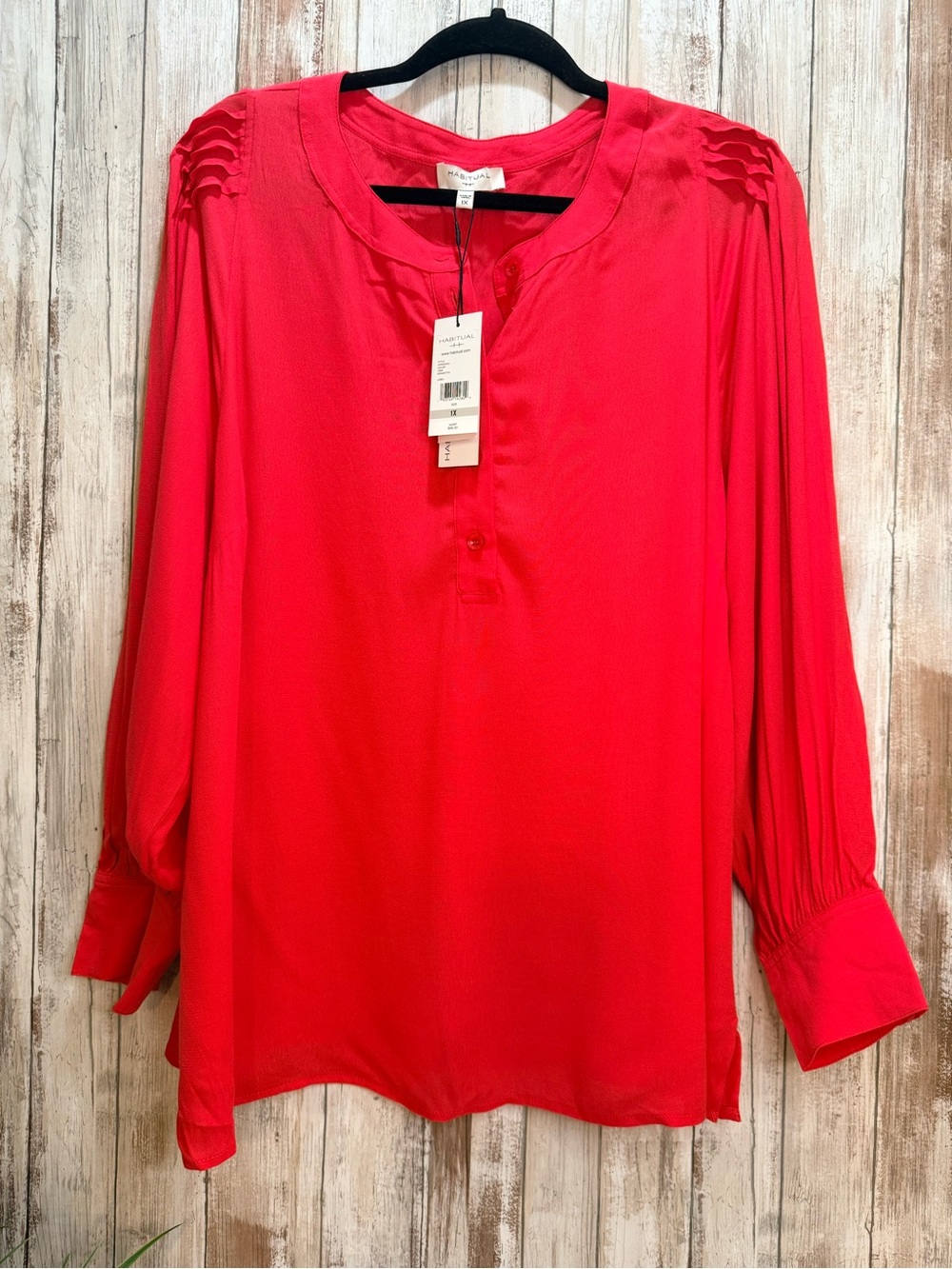 Habitual Vibrant Red Pleated-Shoulder Button-Front Blouse